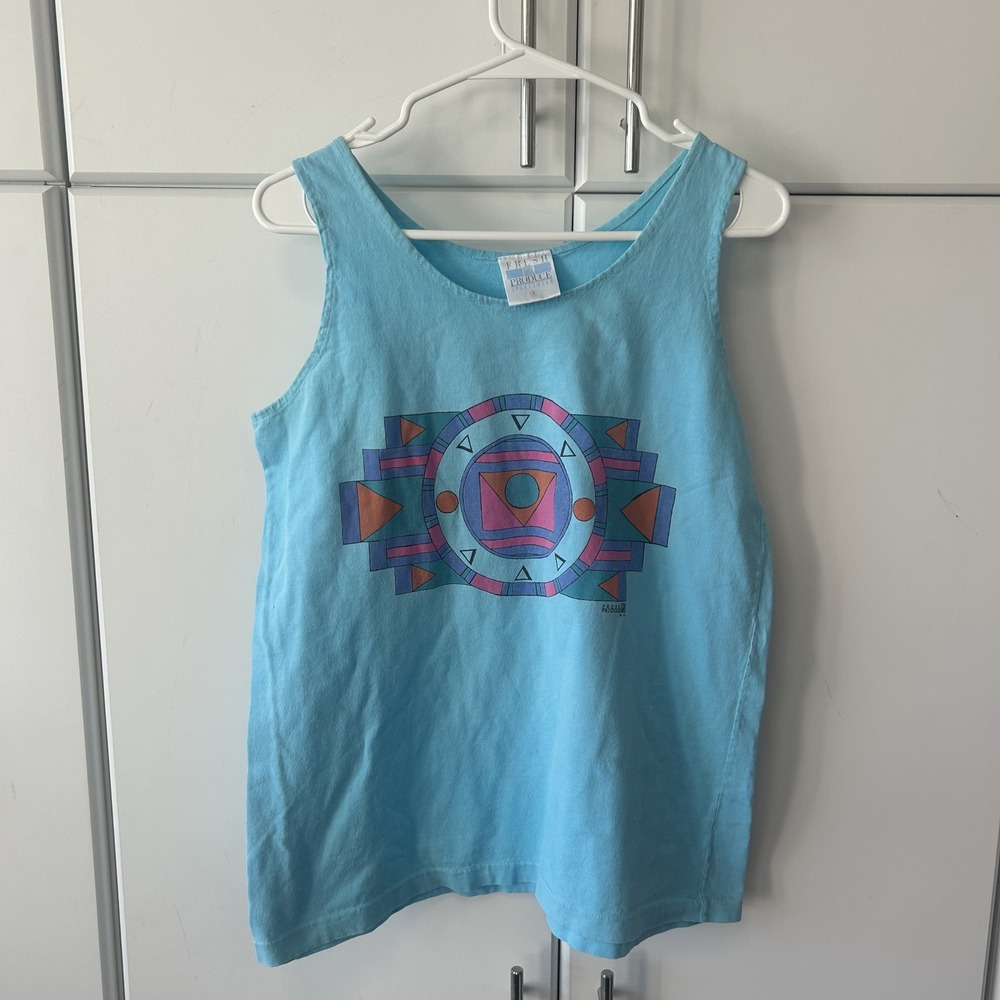 Vintage Fresh Produce Sportswear Blue Geometric Graphic Tank Top 1991 Small
